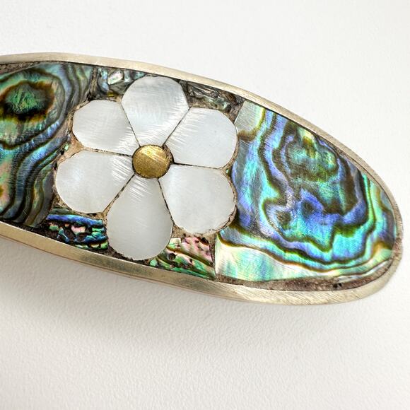 Antique Mother of Pearl Brooch Alpaca Silver with Old Double C Clasp - Picture 4 of 13